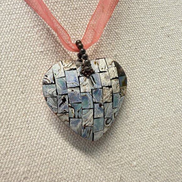Abalone Mosaic Heart Pendant Necklace Pastel Beachy Coastal Feminine Reversible - Picture 2 of 9